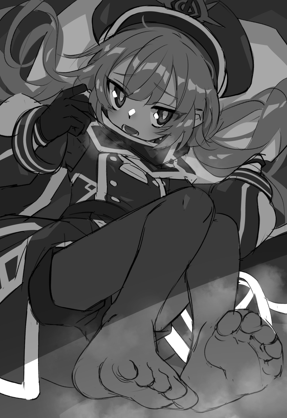 1girl blush dress duel_monster fuji_tarawi gloves greyscale hat highres long_hair long_sleeves monochrome open_mouth pantyhose scarf see-through_clothes see-through_legwear shorts_under_dress sky_striker_ace_-_roze soles solo toes twintails yu-gi-oh!