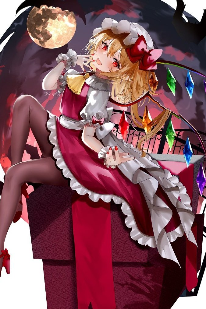 1girl artist_name ascot back_bow bat_(animal) bat_wings blonde_hair blush bow brown_pantyhose cloud cloudy_sky collared_shirt commentary crystal fang fangs fingernails flandre_scarlet flying footwear_bow frills grey_bow grey_hat grey_shirt grey_sky hair_between_eyes hands_up hat hat_bow jewelry looking_down mob_cap moon multicolored_wings nail_polish night night_sky one_side_up open_mouth pantyhose pointy_ears puffy_short_sleeves puffy_sleeves purple_bow purple_vest red_bow red_eyes red_footwear red_nails red_skirt sakizaki_saki-p shadow shirt shoes short_hair short_sleeves sitting skirt sky sly smile solo tongue touhou vest wings wrist_cuffs yellow_ascot