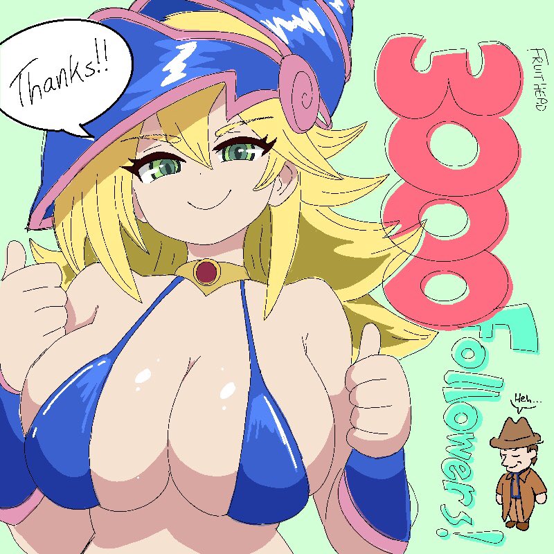 1girl bikini blonde_hair blue_bikini breasts dark_magician_girl fruithead green_eyes large_breasts long_hair milestone_celebration non-web_source simple_background skindentation smile speech_bubble swimsuit tagme thank_you thumbs_up yu-gi-oh!