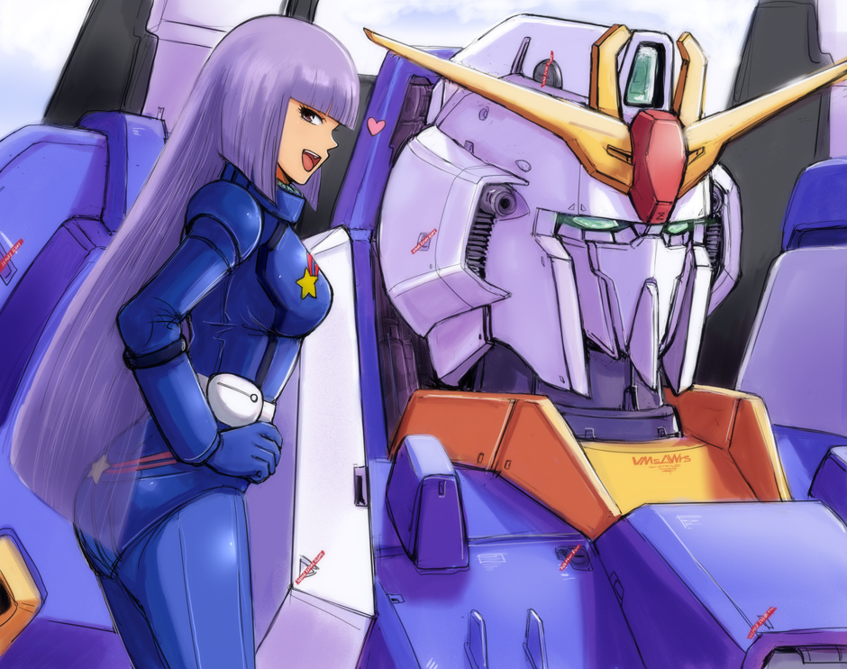 1girl ass bag breasts brown_eyes camera cowboy_shot emblem gacha-m gloves gun gundam gundam_zz hand_on_own_hip heart long_hair machine_gun mecha mecha_pilot_suit medium_breasts mobile_suit normal_suit open_mouth pilot_suit purple_hair robot roux_louka smile spacesuit thrusters v-fin very_long_hair weapon zeta_gundam_(mobile_suit)