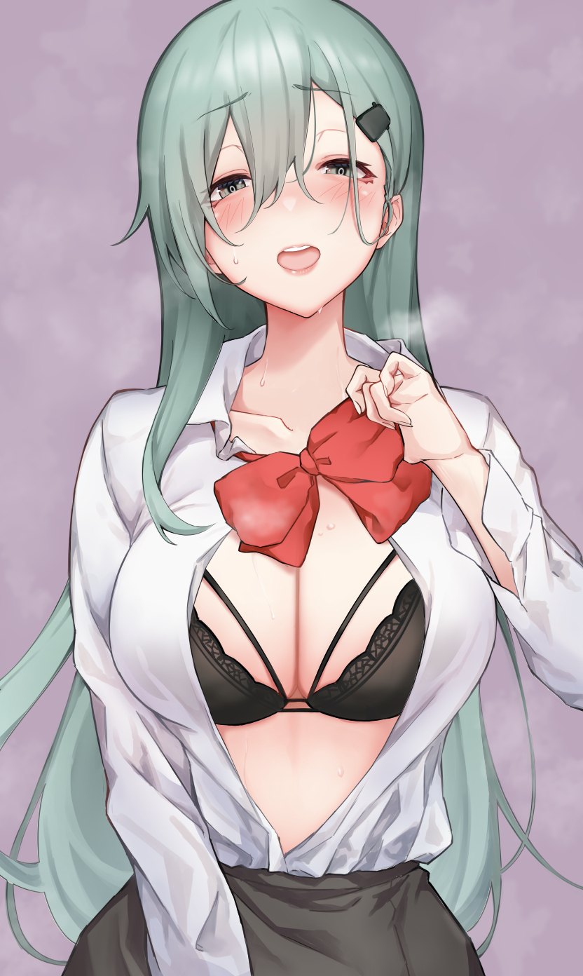 1girl black_bra black_skirt blush bra breasts cleavage collared_shirt fingernails green_eyes green_hair hair_between_eyes hair_ornament hairclip highres kamidanomi kantai_collection large_breasts long_hair long_sleeves looking_at_viewer neck_ribbon open_mouth purple_background red_ribbon ribbon shirt simple_background skirt solo suzuya_(kancolle) suzuya_kai_ni_(kancolle) underwear white_shirt