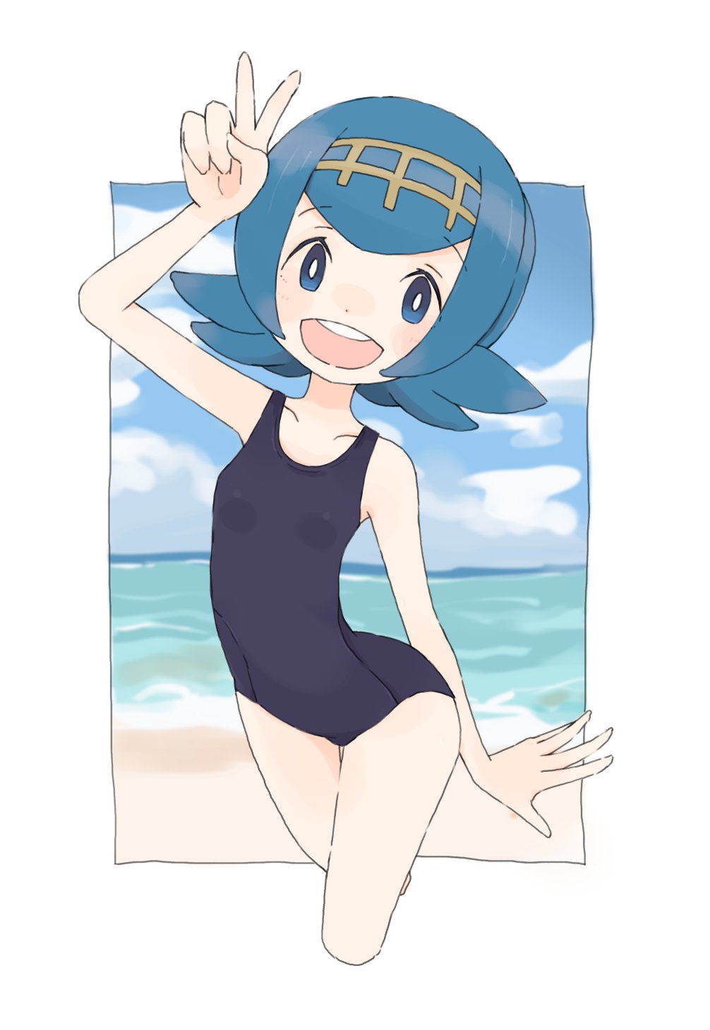 1girl arm_up beans blue_eyes blue_hair blue_sky blush border breasts circlet collarbone creatures_(company) cropped_legs facing_viewer game_freak highres kuso_tamaki lana_(pokemon) looking_at_viewer medium_hair nintendo ocean one-piece_swimsuit open_mouth outdoors pokemon pokemon_sm sky small_breasts smile solo swimsuit v white_border wide_hips