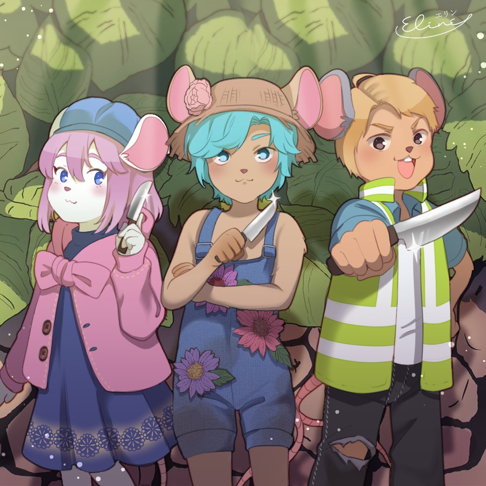 1girl 2boys :3 animal_ears blonde_hair blue_dress blue_eyes blue_hair blush brown_eyes coat commentary dress elineyuhu english_commentary flower furry furry_female furry_male hat holding holding_knife jacket knife ldshadowlady looking_at_viewer minecraft_youtube mouse_boy mouse_ears mouse_girl mouse_tail multiple_boys open_clothes open_coat open_jacket open_mouth outdoors overalls pink_coat pink_hair rats_smp short_hair smajor1995 solidaritygaming tail variant_set