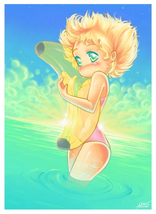 1girl blonde_hair blush breasts cloud destinyblue green_eyes holding inflatable_banana inflatable_toy looking_at_viewer medium_breasts ocean one-piece_swimsuit pink_one-piece_swimsuit short_hair sky standing sun swimsuit wading water