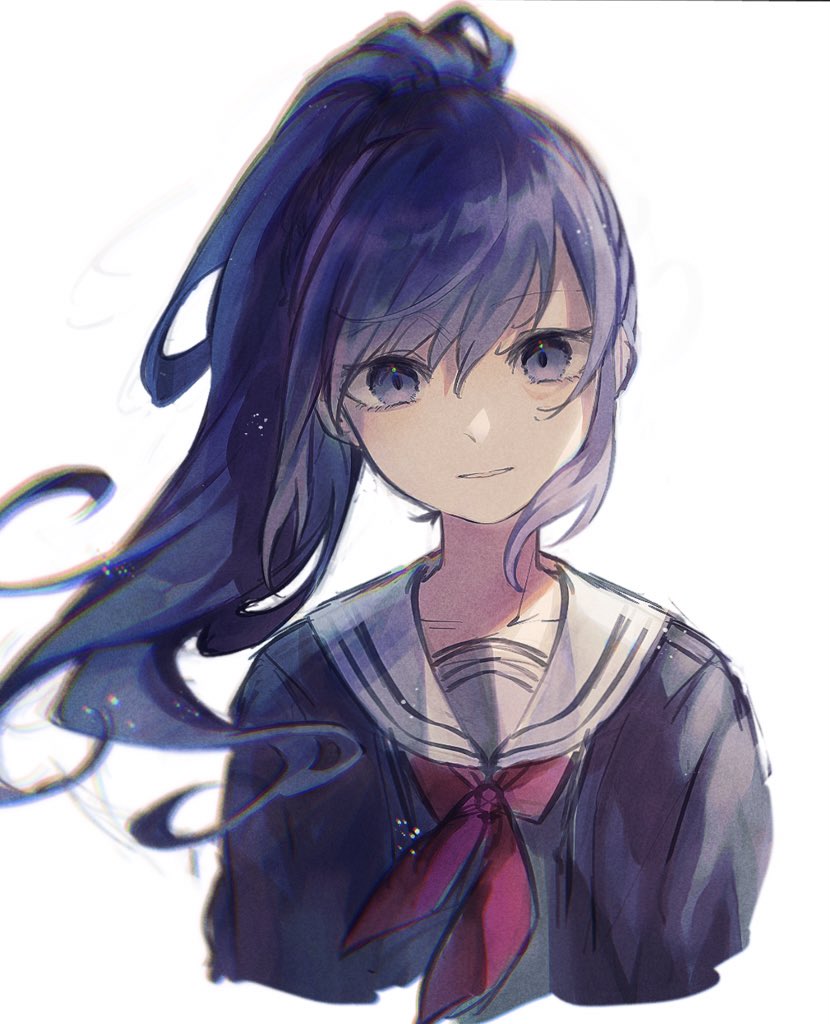 1girl asahina_mafuyu black_cardigan black_eyes black_hair cardigan chromatic_aberration cropped_torso floating_hair high_ponytail light_particles long_hair neckerchief nuko_0108 parted_lips ponytail project_sekai red_neckerchief sailor_collar school_uniform serious sidelighting sidelocks simple_background solo swept_bangs upper_body white_background white_sailor_collar