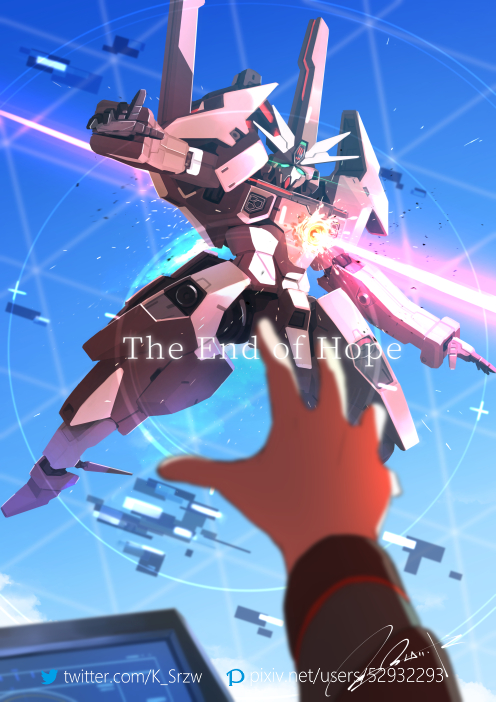 1boy asticassia_school_uniform blue_sky cloud cloudy_sky cockpit commentary damaged death elan_ceres english_text episode_title flying green_eyes gundam gundam_lfrith_thorn gundam_suisei_no_majo long_sleeves mecha mobile_suit pixiv_id pixiv_logo pov reaching robot school_uniform science_fiction serike_w signature sky twitter_logo twitter_username user_interface v-fin