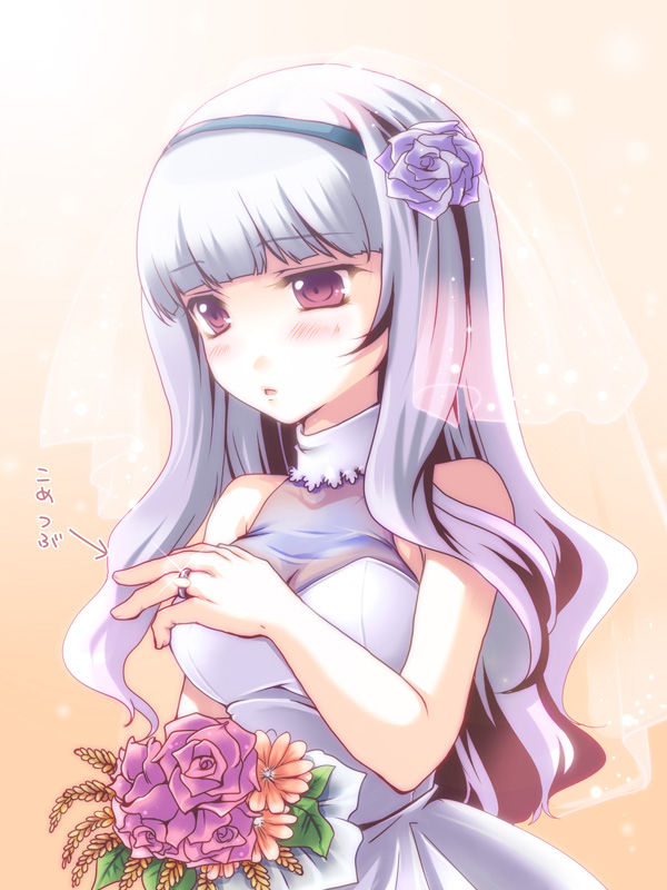 00s 1girl bouquet bridal_veil bride dress female_focus flower idolmaster idolmaster_(classic) jewelry long_hair red_eyes ring shijou_takane shinolion silver_hair solo takitsume_shino translated veil wedding_dress