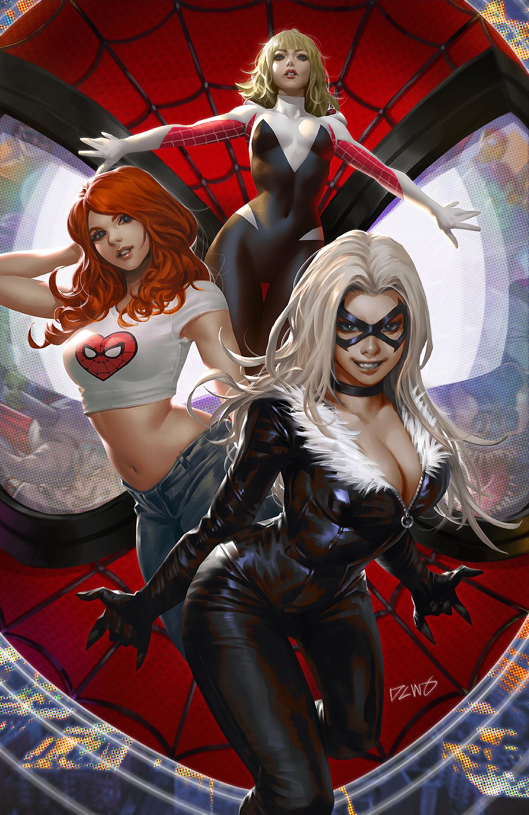 3girls black_bodysuit black_cat_(marvel) black_choker black_mask blonde_hair blue_eyes bodysuit breasts choker cleavage crop_top dcwj denim domino_mask felicia_hardy fur_trim green_eyes grin gwen_stacy highres jeans large_breasts long_hair looking_at_viewer marvel mary_jane_watson mask medium_breasts multicolored_bodysuit multicolored_clothes multiple_girls navel orange_hair pants pink_bodysuit print_shirt shirt short_sleeves signature smile spider-gwen spider-man_(series) spider-man_logo white_bodysuit white_hair white_shirt