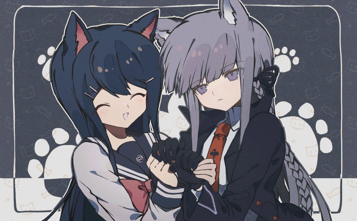 2girls :d animal_ears black_jacket black_ribbon black_sailor_collar blunt_bangs bow bowtie braid cat_ears cat_girl closed_eyes closed_mouth collared_shirt danganronpa:_trigger_happy_havoc danganronpa_(series) grey_background grey_shirt hair_ornament hair_ribbon hairclip huruhuru979 jacket kirigiri_kyoko long_hair long_sleeves maizono_sayaka multiple_girls necktie open_clothes open_jacket open_mouth orange_necktie pink_bow pink_bowtie ribbon sailor_collar shirt smile upper_body white_background