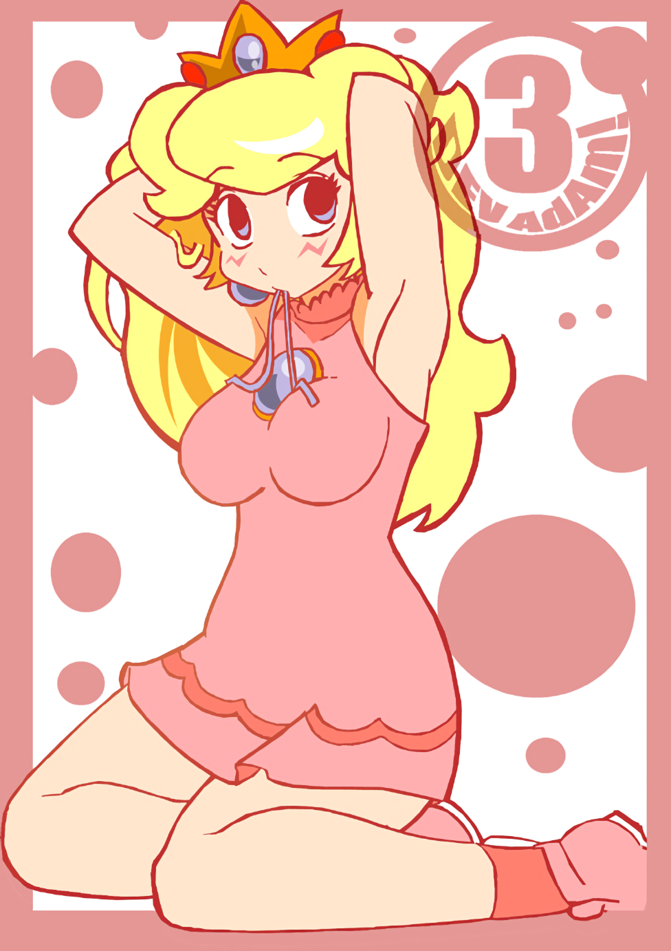 1girl 3_dev_adam adjusting_hair armpits arms_behind_head blonde_hair breasts highres large_breasts legs long_hair luigi64 mario_(series) mario_golf mario_tennis mouth_hold nintendo princess princess_peach sitting thighs