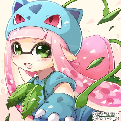 1girl blue_shirt blush character_hat commentary_request cosplay creatures_(company) dated fang game_freak gen_1_pokemon gloves green_eyes inkling inkling_girl inkling_player_character ivysaur ivysaur_(cosplay) kurousagi_(haneusa000) long_hair lowres nintendo open_mouth pink_hair plant pointy_ears pokemon shirt solo splatoon_(series) tentacle_hair twintails vines white_background