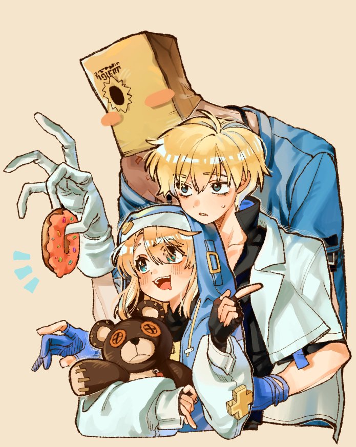 3boys bag black_gloves blonde_hair blue_gloves blush blush_stickers bridget_(guilty_gear) commentary cropped_torso crossdressing doughnut drooling faust_(guilty_gear) fingerless_gloves food gloves guilty_gear guilty_gear_strive hair_between_eyes holding holding_food holding_stuffed_toy hood hooded_jacket index_finger_raised jacket ky_kiske long_sleeves looking_at_food mouth_drool multiple_boys notice_lines paper_bag parted_lips peepeepoo333 roger_(guilty_gear) short_hair short_sleeves sideways_glance stuffed_animal stuffed_toy sweat teddy_bear teeth trap upper_teeth_only white_jacket yellow_background