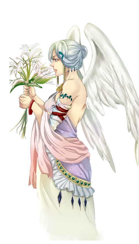 1girl ancient_greek_clothes angel angel_wings chiton christianity female_focus flower gabriel_(angel) greco-roman_clothes himation mythology peplos profile sado_(sadolabo) simple_background solo tattoo the_bible toga white_background wings