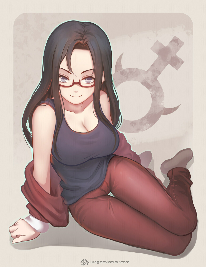 10s 1girl arm_support bare_shoulders black_hair breasts cleavage closed_mouth collarbone demi-chan_wa_kataritai demon_girl eyebrows female_focus full_body glasses hair_over_shoulder jacket jurrig large_breasts long_hair looking_at_viewer open_clothes purple_eyes red-framed_eyewear satou_sakie semi-rimless_eyewear sitting smile solo thigh_gap track_jacket under-rim_eyewear