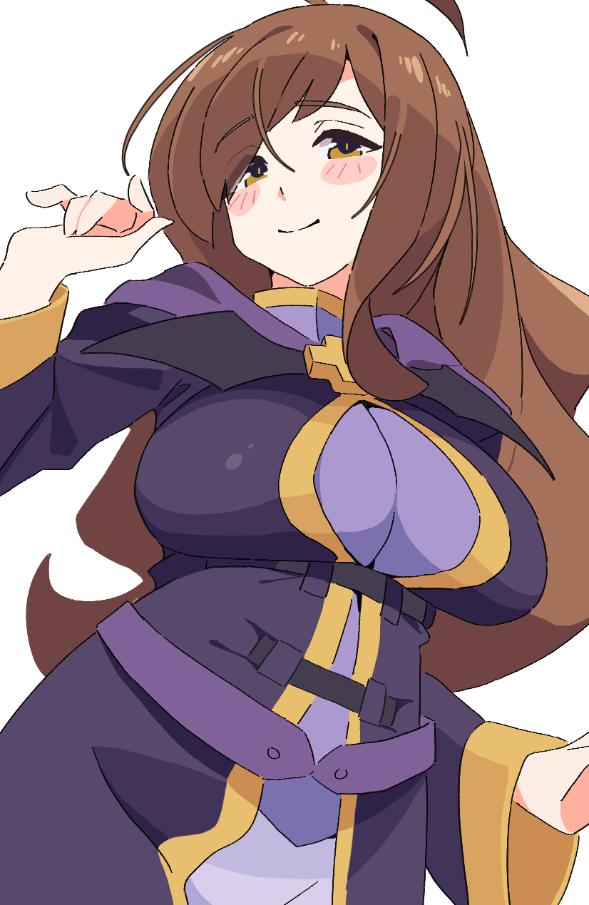 1girl ahoge blush_stickers breasts brown_eyes brown_hair commentary highres kono_subarashii_sekai_ni_shukufuku_wo! large_breasts long_hair long_sleeves looking_at_viewer noyama_takenoko purple_robe robe simple_background smile solo very_long_hair white_background wiz_(konosuba)