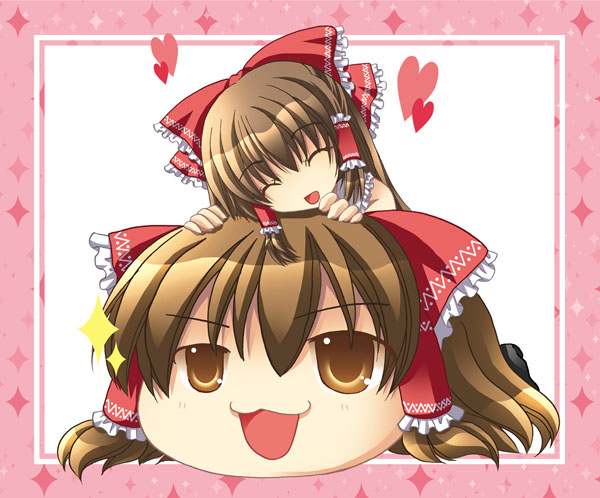 2girls female_focus hakurei_reimu happy multiple_girls sleeping smile touhou yukkuri_reimu yukkuri_shiteitte_ne