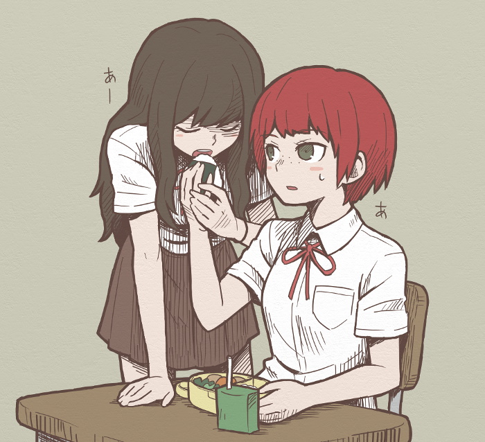 10s 2girls black_hair blush blush_stickers danganronpa_(series) eating closed_eyes freckles green_eyes koizumi_mahiru long_hair multiple_girls namu_(nurui_cha) bento red_hair satou_(danganronpa) school_uniform short_hair sitting danganronpa_2:_goodbye_despair sweatdrop