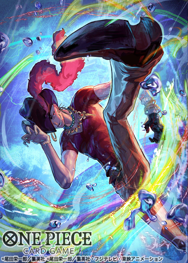 1boy aiming aiming_at_viewer black_gloves bracelet bubble commentary_request copyright_name earrings gloves hat_feather jewelry leg_up male_focus necklace nero_(one_piece) nijimaarc official_art one_piece one_piece_card_game pearl_necklace shirt smile solo t-shirt water whiskers