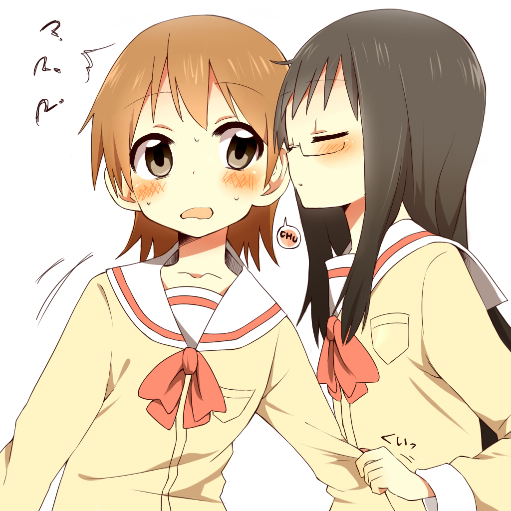 2girls aioi_yuuko bad_id bad_pixiv_id blush female_focus glasses imminent_kiss minakami_mai multiple_girls nichijou orange_(bibiko) school_uniform simple_background tokisadame_school_uniform yuri