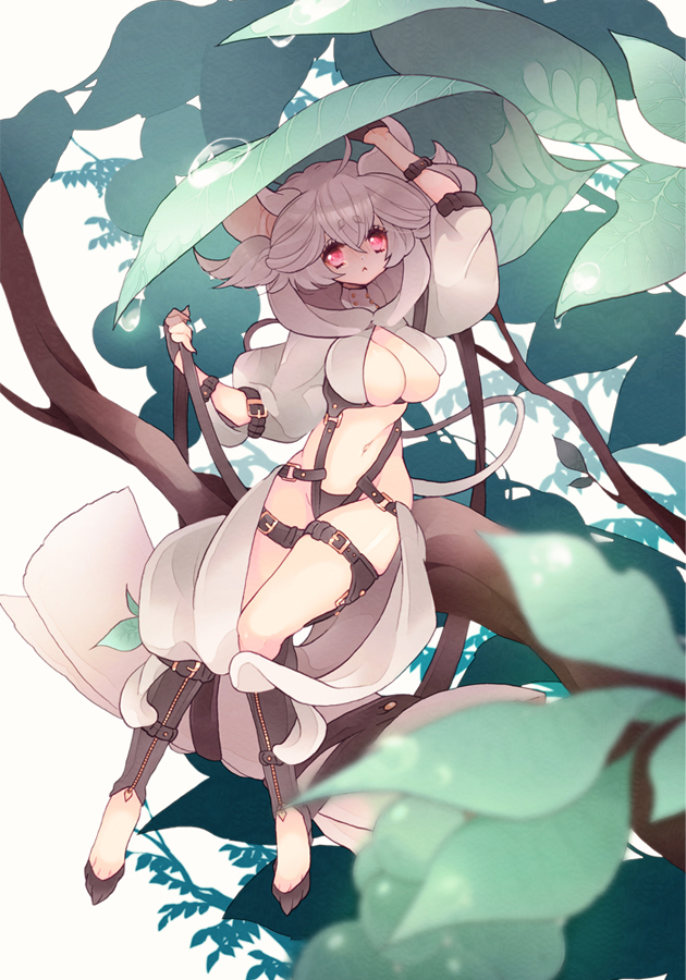 1girl animal_ears breasts female_focus guilty large_breasts leaf looking_at_viewer mini_person minigirl pixiv_fantasia pixiv_fantasia_new_world simple_background sitting solo tsumi_guilty white_background