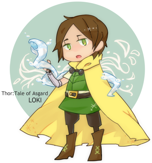 1boy boots brown_hair cape chibi green_eyes kid_loki loki_(marvel) male_focus marvel open_mouth short_hair snake solo water