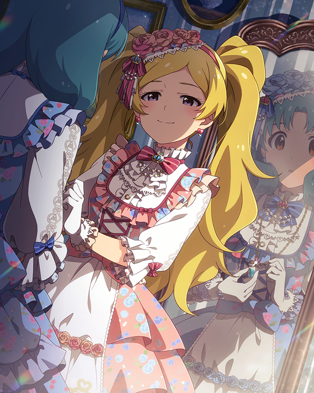 blonde_hair card_(medium) charlotte_charlotte_(idolmaster) dress emily_stewart idolmaster idolmaster_million_live! mirror official_art purple_eyes tokugawa_matsuri twintails