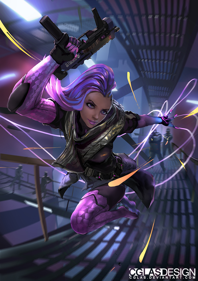 1girl 4boys belt bullet catwalk cglas dark-skinned_female dark_skin elbow_pads gloves gun indoors lipstick makeup mexico multiple_boys overwatch overwatch_1 ponytail purple_gloves purple_hair purple_legwear running solo_focus sombra_(overwatch) utility_belt watermark weapon web_address