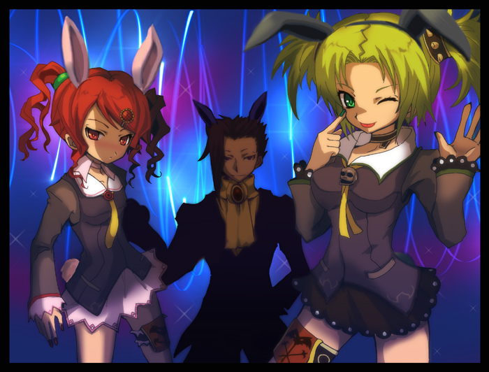 00s 1boy 2girls animal_ears black_hair choker droite_(tales) gauche_(tales) green_eyes green_hair kirita_(noraring) multiple_girls one_eye_closed rabbit_ears red_eyes red_hair tales_of_(series) tales_of_vesperia twintails wink yeager_(tales)