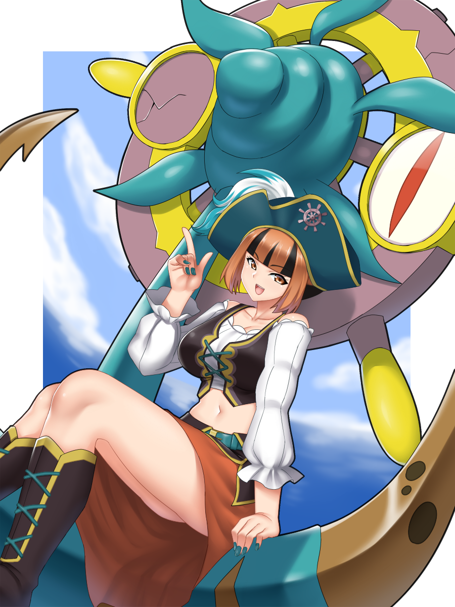 1girl black_hair blue_sky bodice boots border breasts cloud collarbone creatures_(company) dhelmise dress game_freak gardenia_(pokemon) gardenia_(summer_2024)_(pokemon) gen_7_pokemon green_nails hat highres index_finger_raised large_breasts looking_at_viewer mokkori9 multicolored_hair nail_polish navel nintendo open_mouth orange_eyes orange_hair pirate_hat pokemon pokemon_masters_ex short_hair sitting sky smile solo two-tone_hair vest white_border