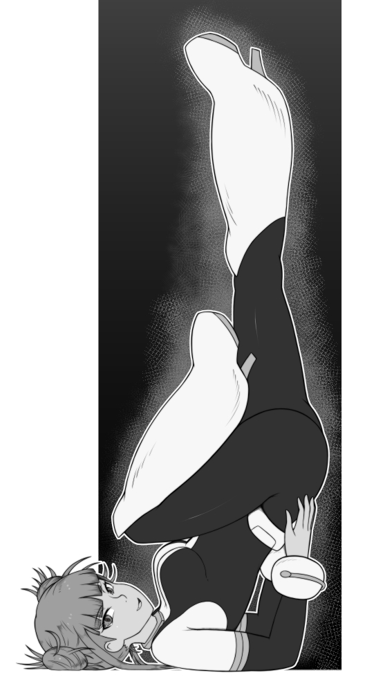 1girl alternate_costume babyserval black_background blunt_bangs bodysuit boku_no_hero_academia border breasts cosplay double_bun female_focus from_side full_body greyscale hair_bun happy high_heels legs legs_up long_sleeves looking_at_viewer medium_breasts monochrome open_mouth outside_border short_hair shoulderstand simple_background sketch skin_tight smile solo toga_himiko uraraka_ochako uraraka_ochako_(cosplay) white_border