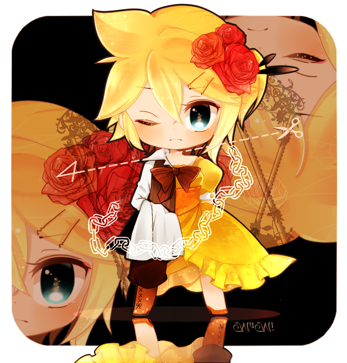 1boy 1girl aku_no_meshitsukai_(vocaloid) aku_no_musume_(series) aku_no_musume_(vocaloid) ascot blonde_hair blue_eyes bow brother_and_sister choker dress flower frilled_dress frills hair_bow hair_ornament hairclip jacket kagamine_len kagamine_rin mami_(sweetcandy) ponytail short_ponytail siblings twins vocaloid