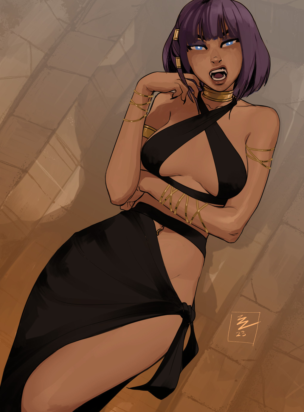 1girl armlet artist_logo bare_shoulders black_dress blue_eyes bracelet cleavage_cutout clothing_cutout collarbone commission cowboy_shot dated dress dutch_angle hair_tubes highres jewelry looking_at_viewer navel_cutout open_mouth original purple_hair sharp_teeth short_hair solo teeth vashperado