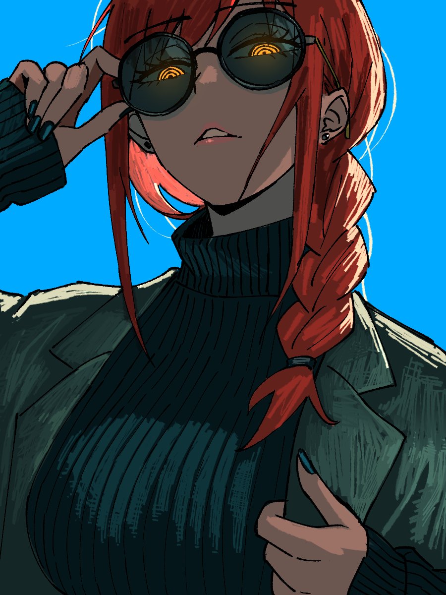 1girl adjusting_eyewear alternate_costume black_sweater blue_background braid breasts chainsaw_man earrings fingernails glowing glowing_eyes green_jacket hand_on_eyewear highres jacket jewelry large_breasts looking_at_viewer looking_down makima_(chainsaw_man) nail_polish orange_hair ribbed_sweater ringed_eyes simple_background solo stud_earrings sunglasses sweater upper_body zeon_(zzeeonn)