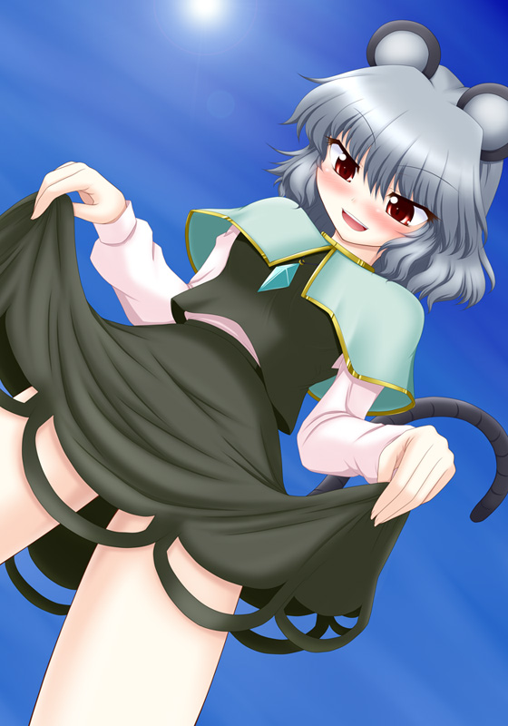 1girl animal_ears blush bococho brown_eyes clothes_lift female_focus gradient_background grey_hair mouse_ears mouse_tail nazrin outdoors skirt skirt_hold skirt_lift sky solo tail touhou