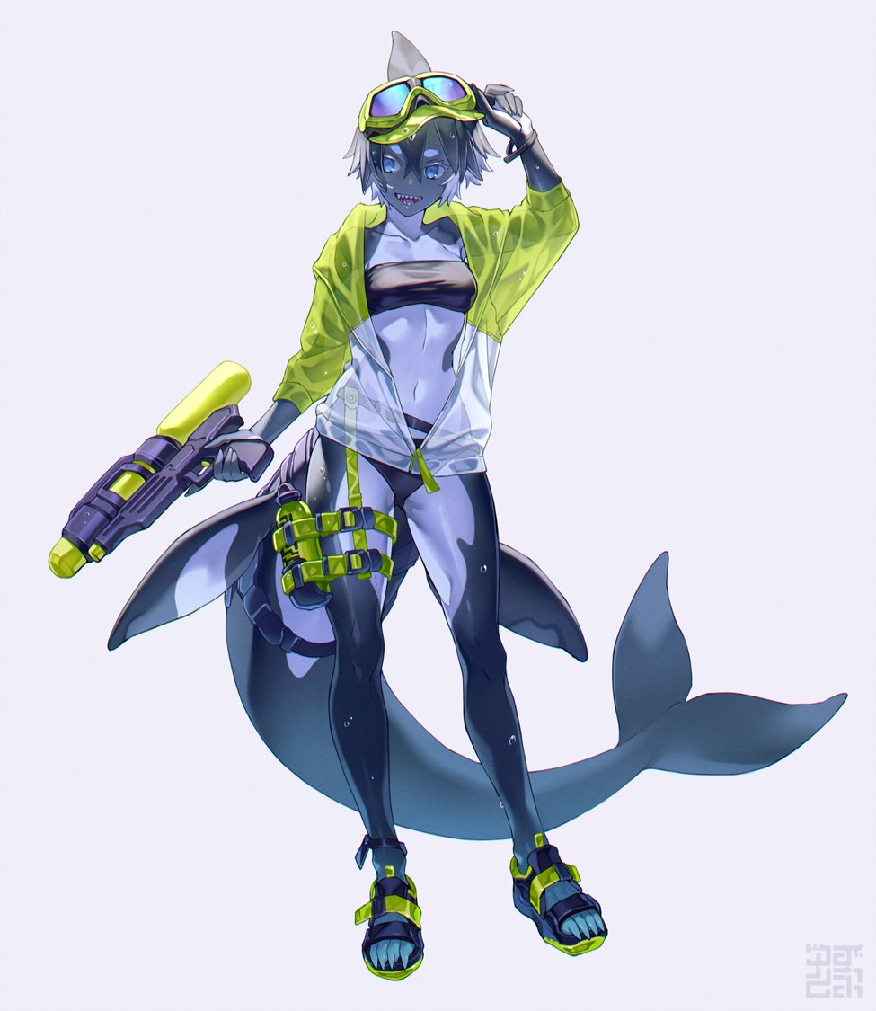 1girl arm_up bikini black_skin blue_eyes cetacean_tail colored_eyelashes colored_inner_hair colored_skin dorsal_fin fins fish_tail full_body grey_hair grey_skin holding looking_at_viewer monster_girl multicolored_hair open_clothes open_mouth orca_girl original sandals see-through_clothes sharp_teeth sharp_toenails short_hair smile solo standing swimsuit tail tail_ornament teeth toenails two-tone_hair white_background white_hair white_skin yuzu_shio