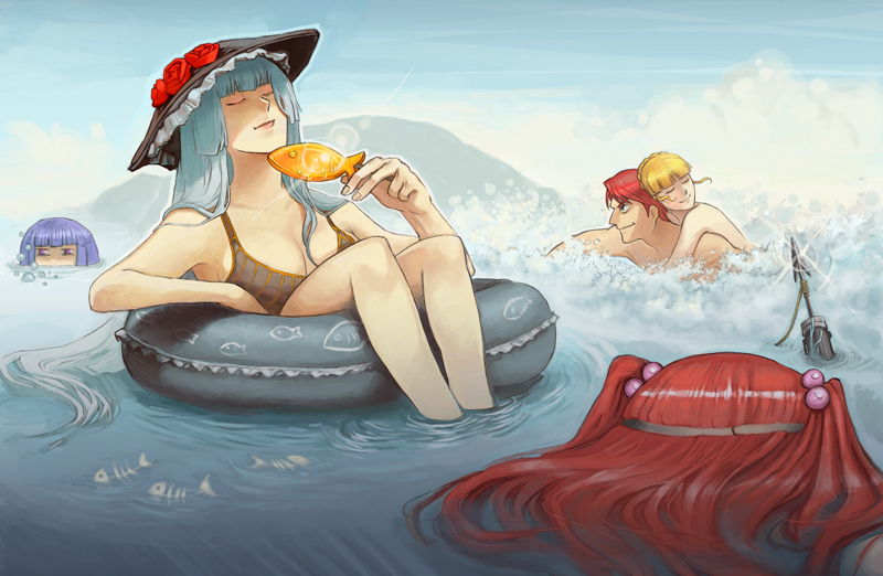 00s 1boy 4girls beatrice_(umineko) bikini blonde_hair blue_hair brother_and_sister drawfag everyone fish frederica_bernkastel hair_bobbles hair_ornament harpoon hime_cut innertube long_hair multiple_girls ocean partially_submerged red_hair shroedinger siblings silver_hair smile soaking_feet swim_ring swimming swimsuit umineko_no_naku_koro_ni ushiromiya_ange ushiromiya_battler virgilia_(umineko) water weapon