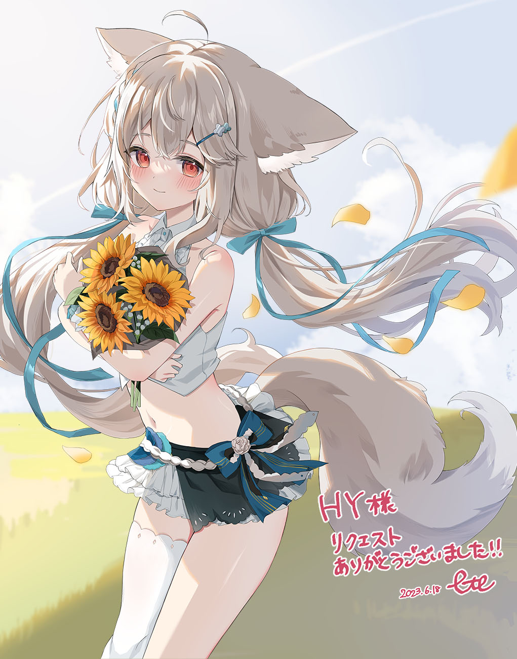 ahoge animal_ear_fluff animal_ears asymmetrical_legwear bare_shoulders belt blue_bow blue_ribbon blue_sky bouquet bow braid cloud collared_shirt etesumsom feet_out_of_frame floating_hair flower fox_ears fox_girl fox_tail frilled_skirt frills grass hair_between_eyes hair_ornament hair_ribbon hair_scrunchie hairclip hairpin high_collar highres holding holding_bouquet hug hugging_object kneehighs large_ears large_tail layered_skirt leaning_back long_hair looking_at_viewer low_twintails midriff miniskirt mismatched_legwear navel original petals red_eyes ribbon sakurada_shiro_(summer_lite)_(hy_plus) scrunchie shirt side_braid single_thighhigh skirt sky smile socks standing sunflower tail thighhighs twintails very_long_hair white_hair white_shirt white_thighhighs wind wrist_scrunchie