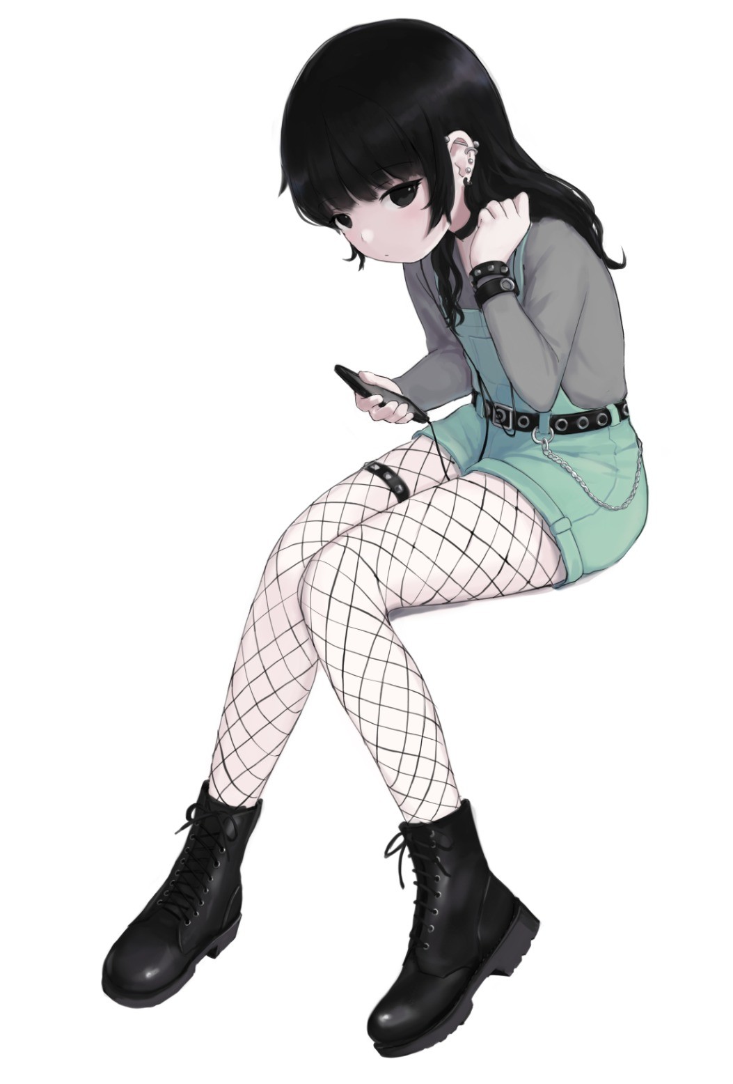 1girl ankle_boots belt black_eyes black_hair boots bracelet cellphone child choker cross-laced_footwear earbuds earphones earrings female_focus fishnet_pantyhose fishnets highres jewelry kuroshiro00 lace-up_boots original pale_skin pantyhose phone simple_background sitting smartphone solo white_background