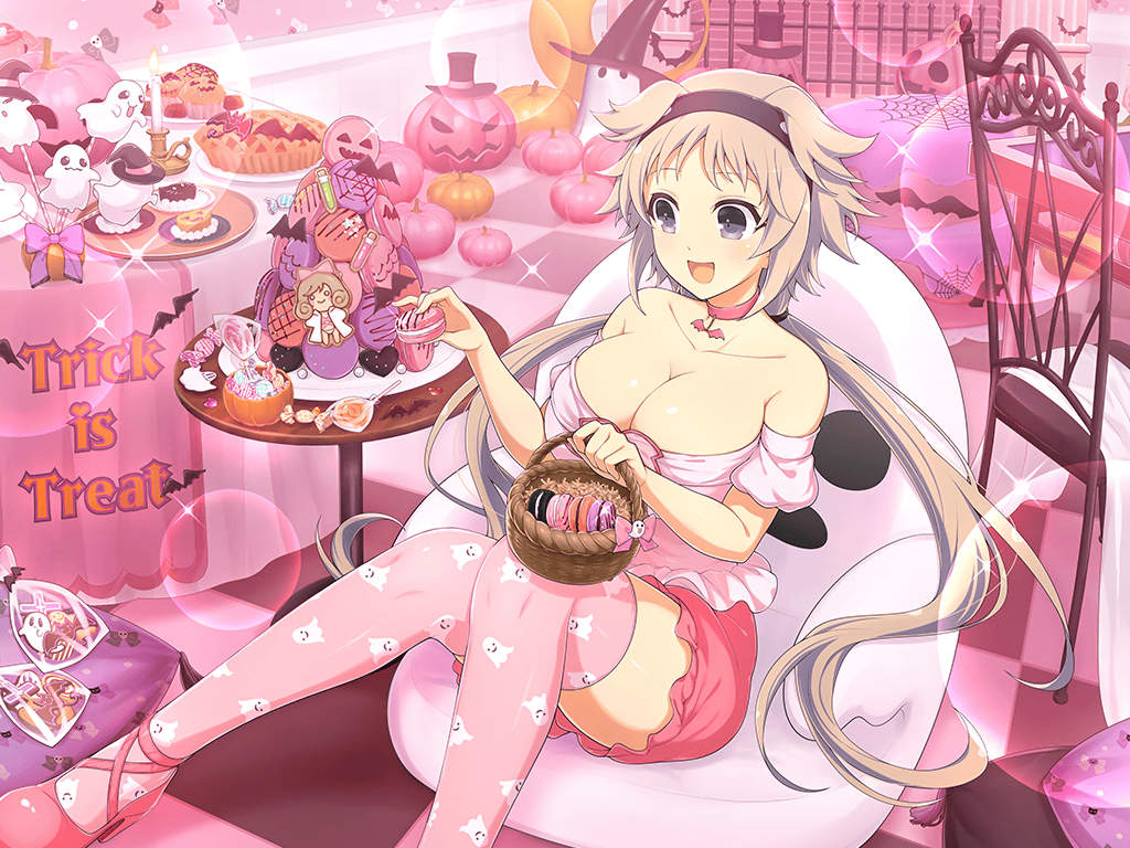 1girl bat_(animal) blush breasts candy cleavage food ghost grey_eyes grey_hair halloween halloween_bucket happy_halloween haruka_(senran_kagura) hat ibuki_(senran_kagura) indoors jack-o&#039;-lantern large_breasts lollipop long_hair loungewear low_neckline low_twintails non-web_source on_chair open_mouth pink_thighhighs print_thighhighs senran_kagura senran_kagura_new_link shiny_skin sitting smile swirl_lollipop thighhighs trick_or_treat twintails witch_hat