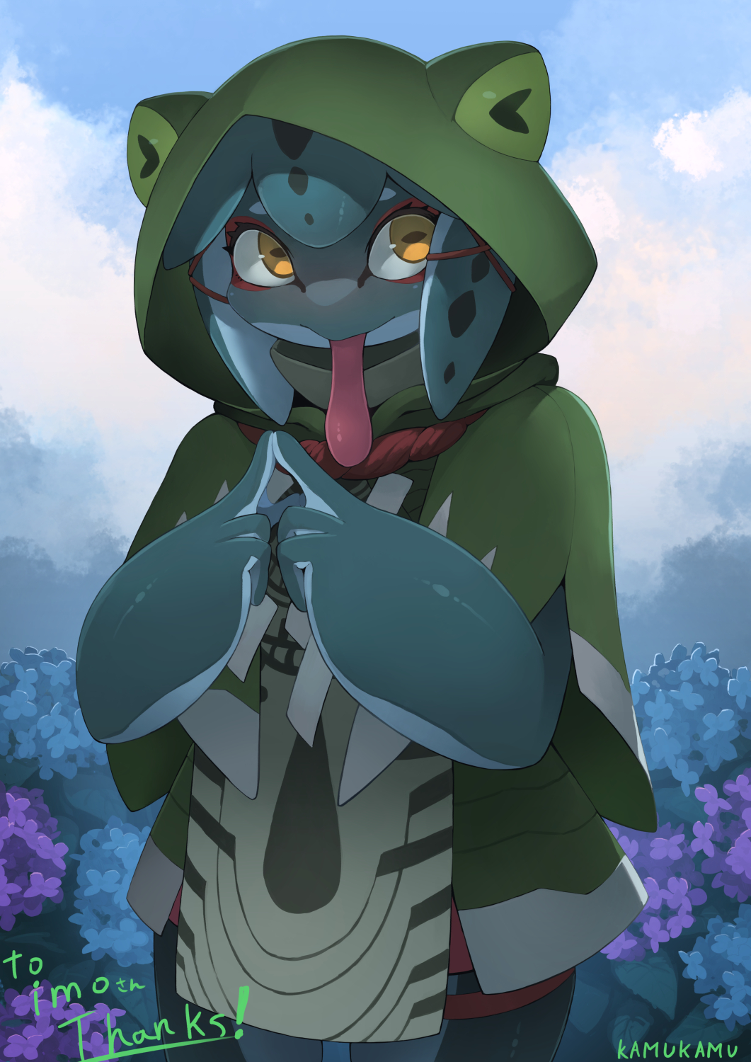 1girl artist_name blue_sky capelet closed_mouth cloud cloudy_sky colored_skin commission commissioner_name cowboy_shot day fewer_digits flower frog_girl furry furry_female green_capelet green_hair green_skin highres hood hood_up hooded_capelet horizontal_pupils index_fingers_together kamukamu6392 long_tongue looking_at_viewer multicolored_skin original outdoors oversized_forearms oversized_limbs skeb_commission sky solo surcoat tentacle_hair tongue tongue_out yellow_eyes