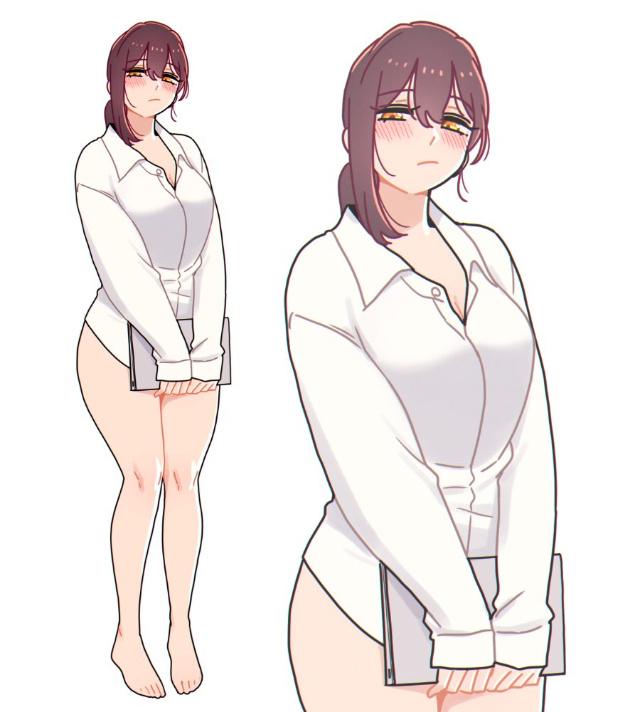 1girl barefoot blush breasts brown_hair cleavage feet folder holding holding_folder looking_at_viewer multiple_views no_pants orange_eyes original partially_unbuttoned ponytail royal_tea shirt simple_background squinting standing thighs toes white_background white_shirt