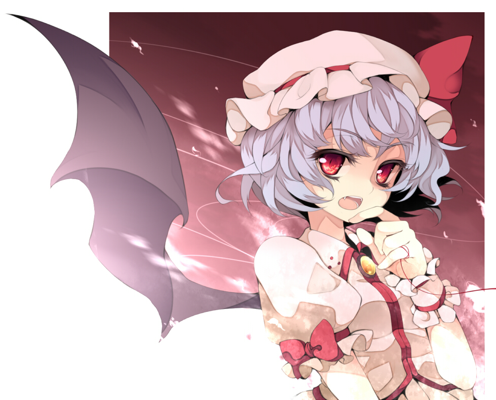 1girl bat_(animal) blue_hair fangs female_focus hat red_eyes remilia_scarlet short_hair solo string touhou uruu_gekka wings