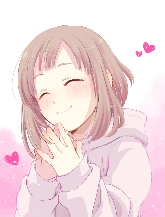 1girl brown_hair closed_eyes closed_mouth clytchhitter643 commentary_request etra-chan_wa_mita! gradient_background happy heart hood hoodie long_sleeves own_hands_together pink_background short_hair smile solo tsutsuji_(etra-chan_wa_mita!) upper_body white_background white_hoodie