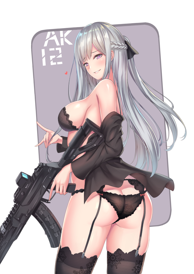 1girl ak-12 ak-12_(girls&#039;_frontline) ass assault_rifle bare_shoulders black_ribbon black_shirt black_thighhighs braid breasts bright_pupils butt_crack cenangam character_name female_focus french_braid from_behind garter_belt girls&#039;_frontline gun hair_ribbon heart holding holding_own_hair kalashnikov_rifle long_hair long_sleeves looking_back medium_breasts off_shoulder open_clothes open_shirt parted_lips print_thighhighs purple_eyes ribbon rifle shirt sideboob smile snowflake_print solo straight_hair thighhighs trigger_discipline very_long_hair weapon