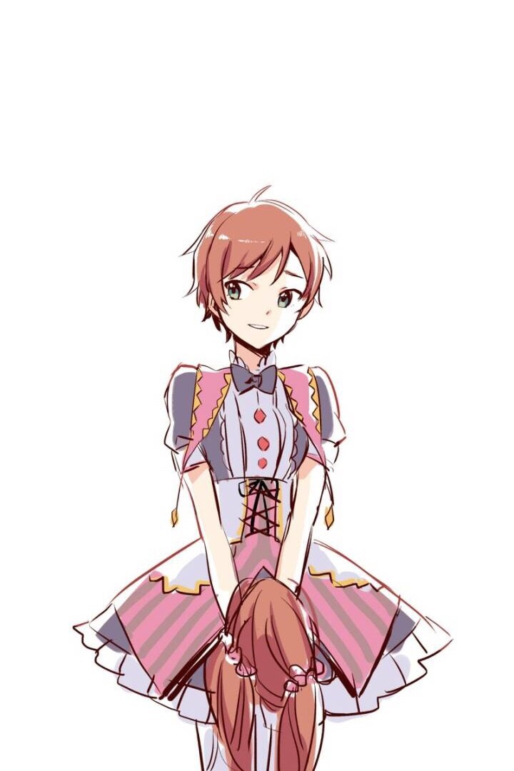 10s 1boy black_bow black_bowtie bow bowtie brown_hair crossdressing dress idolmaster idolmaster_side-m looking_to_the_side male_focus mizushima_saki pantyhose short_hair simple_background smile solo white_background white_pantyhose wig unworn_wig