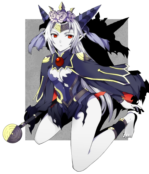 1girl bad_id bad_pixiv_id barefoot breasts cape cleavage cleavage_cutout clothing_cutout colored_skin crown demon_girl feet female_focus grey_hair grey_skin horns long_hair pointy_ears red_eyes shinrabanshou solo tanatoria yosimura