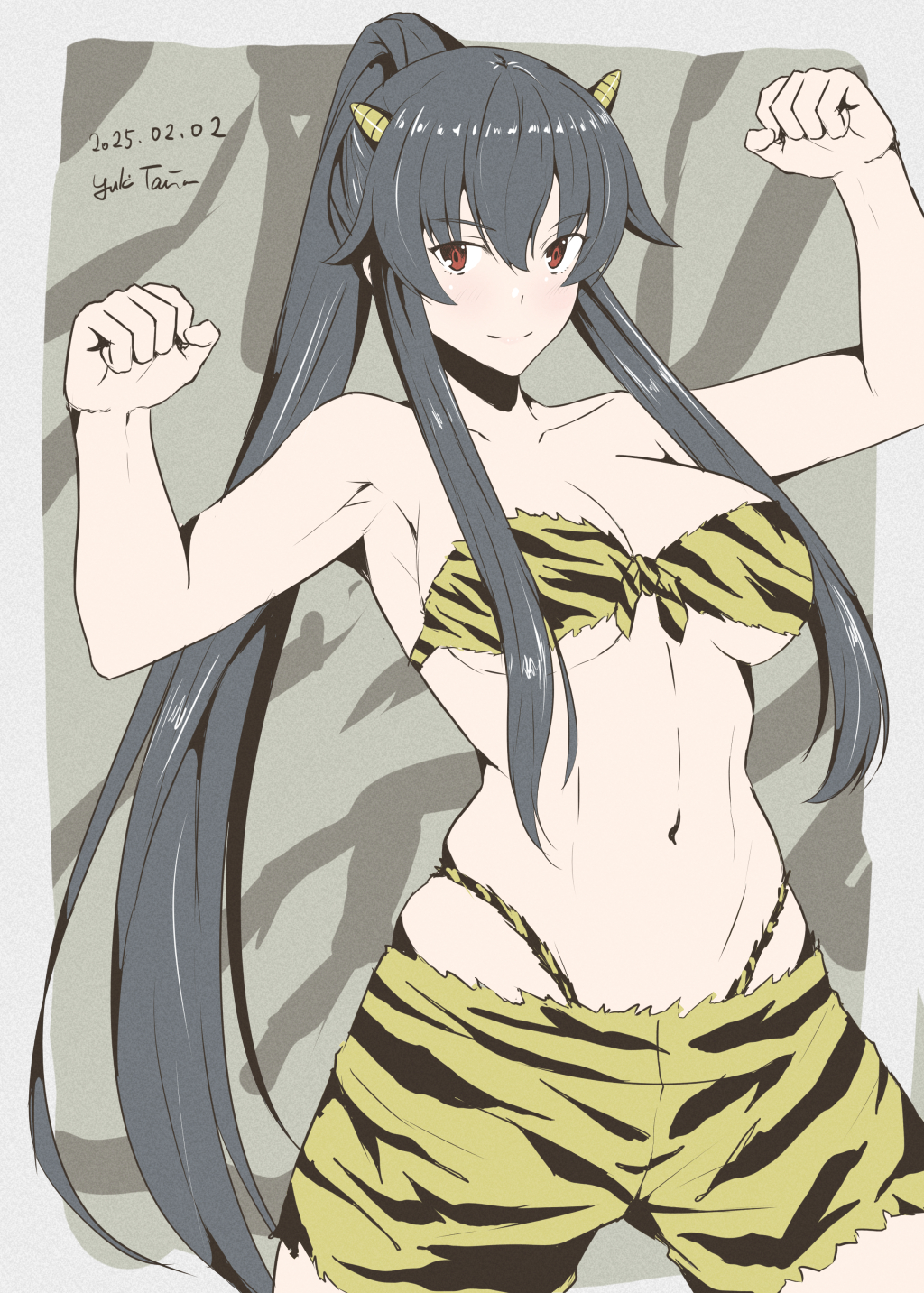 1girl animal_print artist_logo bikini breasts cleavage collarbone cone_horns dated flexing front-tie_bikini_top front-tie_top highleg highleg_bikini highres horns kantai_collection large_breasts logo navel ponytail red_eyes shorts sidelocks solo swimsuit taira_yuuki tiger_print yahagi_(kancolle) yellow_bikini yellow_shorts