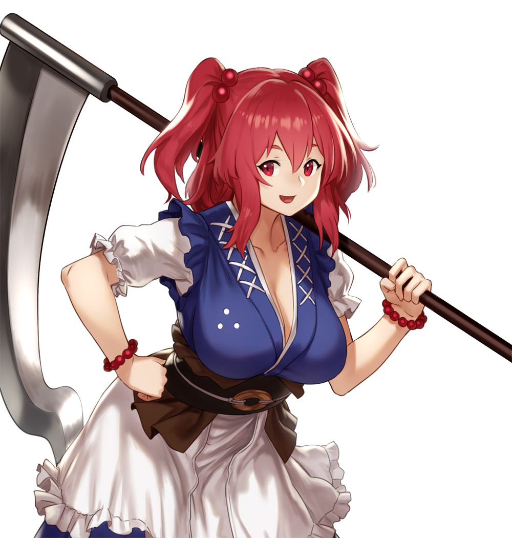 1girl :d apron blush bracelet breasts cleavage commentary_request cowboy_shot cropped duplicate frilled_sleeves frills hair_bobbles hair_ornament hand_on_own_chest holding holding_weapon houtengeki jewelry large_breasts leaning_forward looking_at_viewer medium_hair obi onozuka_komachi open_mouth over_shoulder pearl_bracelet pixel-perfect_duplicate red_eyes red_hair sash scythe short_sleeves sidelocks smile solo standing tareme touhou two_side_up weapon white_apron