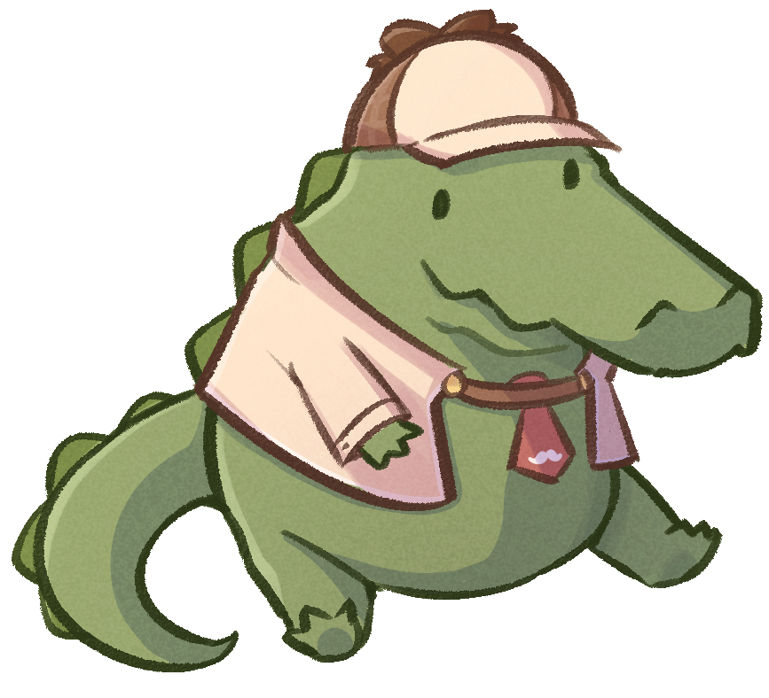 alligator animal black_eyes brown_hat brown_jacket brown_sleeves chibi closed_mouth commentary crocodilian english_commentary hat hololive hololive_english investigator_(amelia_watson) jacket long_sleeves moon_ldl necktie no_humans red_necktie shadow sitting smile solid_circle_eyes spikes tail transparent_background virtual_youtuber