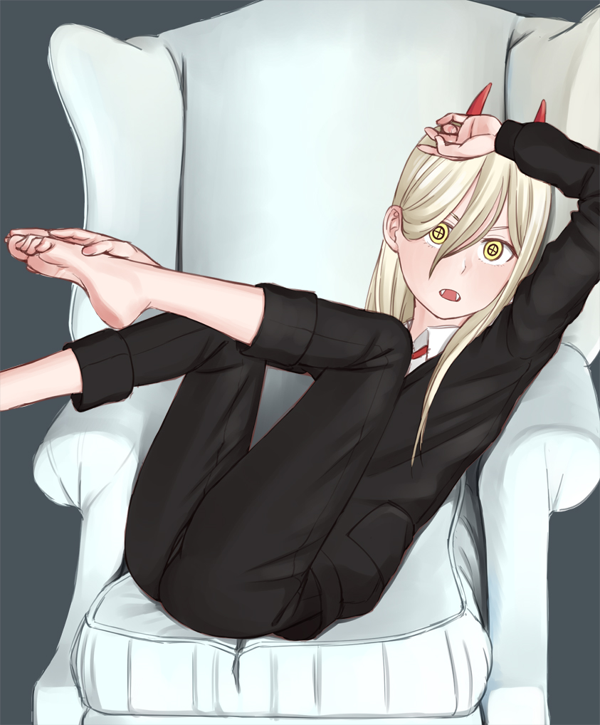 easy (aqk7bdqt), power (chainsaw man), chainsaw man, 1girl, :o, arm up,  barefoot, black pants, blonde hair, chair, cross-shaped pupils, crosshair  pupils, fangs, feet, grey background, hair between eyes, hands on feet,  horns,